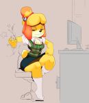  3tc animal_crossing bell black_eyes blonde_hair breasts canid canine canis chair cleavage clothed clothing computer cum disembodied_penis domestic_dog ejaculation erection female full_body fur hair half-closed_eyes handjob hi_res isabelle_(animal_crossing) jingle_bell legwear male male/female mammal miniskirt motion_lines nintendo penis sex shih_tzu shirt short_hair short_stack sitting skirt smile socks solo_focus star teeth topknot vest video_games yellow_fur 