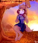  animal_crossing anthro autumn canine clothed clothing detailed_background dog female floppy_ears fur isabelle_(animal_crossing) leaves mammal nintendo pokemutt shih_tzu shirt sitting skirt smile solo swing tongue tree video_games 