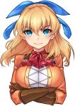  blonde_hair blue_bow blue_eyes bow breasts brown_gloves closed_mouth crossed_arms gloves hair_bow highres large_breasts long_hair looking_at_viewer maya_schrodinger nyantiu orange_shirt shirt simple_background smile solo upper_body white_background wild_arms wild_arms_3 