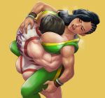  2girls ass asymmetrical_hair bearhug black_hair bracelet breast_smother breasts cornrows dark_skin fauzy_zulvikar_firmansyah jewelry large_breasts laura_matsuda leotard long_hair multiple_girls ryona short_hair simple_background street_fighter street_fighter_v sweat traditional_media watercolor_(medium) wrestling wrestling_outfit yamato_nadeshiko_(street_fighter) 