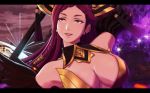  1girl bangs breasts cleavage cleavage_cutout feather_trim female fire_emblem fire_emblem_heroes highres large_breasts lipstick loki_(fire_emblem_heroes) long_hair makeup nintendo parted_bangs purple_eyes purple_hair smile staff tagme 