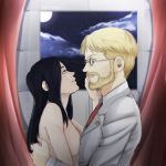  1girl black_hair blonde_hair blue_eyes breasts clothed_male_nude_female couple eye_contact facial_hair formal frieda_reiss glasses hands_on_another's_face hetero highres imminent_kiss long_hair looking_at_another medium_breasts moon night night_sky nude omy-chan profile shingeki_no_kyojin short_hair sky smile source_request time_paradox what_if window zeke_yeager 