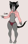  2018 anthro black_hair black_nose blush brown_eyes bulge cat clothed clothing digital_media_(artwork) drawyourfursona feline fur girly grey_fur hair hi_res hoodie invalid_tag kai male mammal meme midriff mostly_nude navel nipples panties pink_sweater ratchetjak simple_background solo standing sweater thick_thighs twitter_hoodie underwear wide_hips 