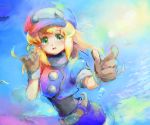  :d belt blonde_hair blush breasts brown_gloves buttons cabbie_hat cloud commentary_request day dinef gloves green_eyes hat jacket long_hair looking_at_viewer open_mouth red_jacket rockman rockman_dash roll_caskett short_sleeves shorts sky smile solo upper_body 