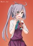  1girl :o ahoge anti_(untea9) asashimo_(kantai_collection) bow bowtie chopsticks cup_ramen dress food green_eyes grey_hair hair_over_one_eye halterneck highres holding holding_chopsticks holding_food kantai_collection long_hair long_sleeves looking_at_viewer open_mouth ponytail red_background school_uniform shirt simple_background sleeves_rolled_up solo twitter_username upper_body wavy_mouth white_shirt 