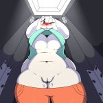  2018 aged_up anthro belly big_breasts black_eyes blush breasts clothed clothing clothing_lift deep_navel digital_media_(artwork) female fur half-closed_eyes inside kingbeast lagomorph low-angle_view mammal navel ok_k.o.!_let&#039;s_be_heroes one_eye_closed potato_(ok_k.o.!_lbh) pussy pussy_juice rabbit shirt shirt_lift slightly_chubby solo thick_thighs under_boob voluptuous white_fur wide_hips 
