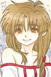  2016 :d arc_the_lad arc_the_lad_ii bare_shoulders breasts brown_eyes brown_hair cleavage collarbone commentary_request highres lieza long_hair looking_at_viewer off_shoulder open_mouth smile solo teeth upper_body yadoso 
