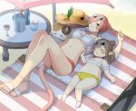  animal_ears bikini blue_eyes blush breasts brown_hair cat cat_ears cat_tail closed_eyes crossed_legs cup eyewear_on_head fat_cat_(ff14) final_fantasy final_fantasy_xiv frilled_bikini_top glass hat highres ice ice_cube lalafell lying medium_breasts miqo'te moko_(user_vnsh2874) multiple_girls navel on_back one_eye_closed outdoors parasol pointy_ears red_hair sandals short_hair sleeping smile sunglasses swimsuit table tail umbrella 