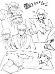  blood boxers eating erection erection_under_clothes food formal greyscale highres leg_hair loose_necktie lying male_focus male_underwear mob_psycho_100 monochrome necktie no_nipples noodles nosebleed on_side open_mouth ramen reigen_arataka saitoukuniko-3 sitting smile spread_legs suit sweat underwear 