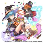  black_hat black_shorts blue_hair candy candy_cane cape closed_eyes company_name fantasy food ghost gloves hakuda_tofu halloween hat highres leg_belt magic_circle male_focus monster_collect official_art shorts sitting sleeping watermark white_gloves witch_hat wrapped_candy 