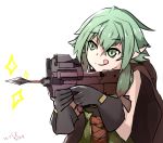  arrow bullpup commentary_request elf gloves goblin_slayer! green_eyes green_hair gun high_elf_archer_(goblin_slayer!) holding holding_gun holding_weapon p90 pointy_ears simple_background submachine_gun weapon wolfkine 