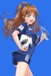  2018_fifa_world_cup adidas aqua_eyes ass ball blue_background blush bottle bow brown_hair clothes_writing eyebrows_visible_through_hair facepaint from_behind hair_bow high_ponytail highres hino_akane_(idolmaster) holding holding_bottle idolmaster idolmaster_cinderella_girls japan japanese_flag long_hair looking_at_viewer looking_back nigou open_mouth ponytail short_sleeves shorts simple_background smile soccer_ball soccer_uniform solo sportswear standing sweat water_bottle world_cup 