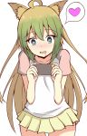  absurdres ahoge animal_ear_fluff atalanta_(fate) bangs blush brown_hair cellphone collarbone commentary_request cowboy_shot drooling eyebrows_visible_through_hair fate/apocrypha fate_(series) gradient_hair green_eyes green_hair hair_between_eyes hands_up heart heart-shaped_pupils highres holding holding_cellphone holding_phone mitchi multicolored_hair nose_blush parted_lips phone pleated_skirt raglan_sleeves saliva shirt short_sleeves simple_background skirt solo spoken_heart symbol-shaped_pupils white_background white_shirt yellow_skirt 