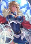  artoria_pendragon_(all) artoria_pendragon_(lancer) bangs blonde_hair braid breasts cape cleavage covered_navel crown fate/grand_order fate_(series) french_braid from_below fur-trimmed_cape fur_trim highres large_breasts red_cape sidelocks swept_bangs 