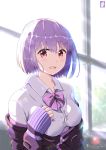  artist_name bangs bow breasts button_gap chinchongcha collared_shirt highres indoors jacket lavender_hair looking_at_viewer medium_breasts off_shoulder open_mouth purple_jacket red_eyes school_uniform shinjou_akane shirt short_hair sleeves_past_wrists solo ssss.gridman upper_body white_shirt window 