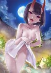  bangs bare_shoulders bath bathing blush bob_cut breasts collarbone commentary_request eyeliner fangs fate/grand_order fate_(series) full_moon hips horns ibaraki_douji_(fate/grand_order) leaning_forward makeup moon multiple_girls naked_towel navel night night_sky nipples nude oni oni_horns onsen open_mouth outdoors pointy_ears purple_eyes purple_hair senbon_tsuki short_eyebrows short_hair shuten_douji_(fate/grand_order) sky small_breasts steam thighs towel wading wet 