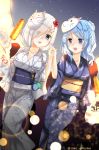  :d blue_eyes blue_hair character_doll commentary_request corn eyebrows_behind_hair eyebrows_visible_through_hair eyes_visible_through_hair fox_mask hair_ornament hair_over_one_eye hairband hairclip hamakaze_(kantai_collection) highres holding_hands isokaze_(kantai_collection) japanese_clothes kantai_collection kimono long_hair mask multiple_girls obi omoomomo open_mouth sash short_hair smile tanikaze_(kantai_collection) twitter_username urakaze_(kantai_collection) 