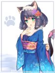  :3 animal_ears bell black_hair blush bow cat_ears cat_tail commentary_request curly_hair cyan_(show_by_rock!!) fur_collar furisode green_eyes hair_ornament hairband hand_on_own_chest japanese_clothes jingle_bell kimono kotoyoro lolita_hairband long_hair mayachi_(amuriya) new_year obi paw_print ringlets sash show_by_rock!! sleeves_past_wrists smile solo tail tail_bell tail_bow 