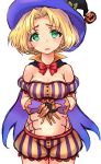  alternate_costume bangs blonde_hair bloomers bow bowtie breasts cape cecilia_lynne_adelhyde cleavage cowboy_shot earrings gloves green_eyes halloween hat highres jewelry midriff multicolored multicolored_clothes multicolored_gloves nyantiu parted_bangs popped_collar purple_cape raised_eyebrows red_bow short_hair silk simple_background solo spider_web star star_earrings striped underwear vertical_stripes white_background wild_arms wild_arms_1 witch_hat 