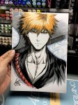  bleach closed_mouth collarbone commentary english_commentary facing_viewer highres japanese_clothes kimono kurosaki_ichigo looking_at_viewer male_focus marker_(medium) neck orange_eyes orange_hair over_shoulder shinigami short_hair signature spiked_hair stanley_lau sword sword_over_shoulder tensa_zangetsu_(bankai) traditional_media weapon weapon_over_shoulder 