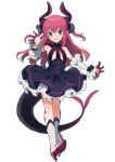  :d asymmetrical_horns blue_eyes claws curled_horns detached_sleeves dragon_girl dragon_horns dragon_tail dress elizabeth_bathory_(fate) elizabeth_bathory_(fate)_(all) fate/extra fate/extra_ccc fate_(series) flat_chest full_body highres horns ikeuchi_tanuma long_hair looking_at_viewer open_mouth pink_hair plaid plaid_skirt pointy_ears simple_background skirt smile solo tail waving white_background 