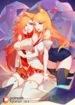  ahri animal_ears bare_shoulders between_breasts blonde_hair breasts cleavage elbow_gloves fox_ears frilled_skirt frills gloves green_eyes hair_over_one_eye heart idol k/da_(league_of_legends) k/da_ahri kneeling league_of_legends long_hair medium_breasts multiple_girls one_eye_closed open_mouth red_hair sarah_fortune seiza sitting skirt songjikyo star_guardian_miss_fortune thighhighs very_long_hair whisker_markings yellow_eyes 