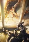  4_toes anthro canine clothed clothing day detailed_background digital_media_(artwork) fur grey_fur inside lukiri male mammal sitting solo toes window 