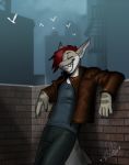  avian bird bleats building chompers clothed clothing digital_media_(artwork) eyes_closed fin fish hair happy invalid_tag jacket joyful leather leather_jacket lounging male marine pants piercing red_hair relaxing shark shirt smile solo standing tank_top teeth tiger_shark zale_the_shark 