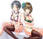  bangs bare_shoulders black_hair blue_bra blue_eyes blue_panties blush bow bra breasts brown_hair cleavage closed_mouth collarbone commentary earrings emerald eyelashes feathers green_bra green_eyes green_panties hair_bow hair_feathers hayami_kanade heterochromia hhama hips idolmaster idolmaster_cinderella_girls jewelry large_breasts legs looking_at_viewer mole mole_under_eye mysterious_eyes_(idolmaster) navel necklace panties parted_bangs pretty_liar_(idolmaster) sapphire_(stone) short_hair simple_background single_thighhigh sitting smile takagaki_kaede thigh_strap thighhighs thighs tied_hair underwear white_background yellow_eyes 