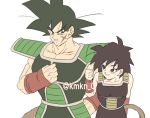  1girl armor bardock bare_arms bare_shoulders black_eyes black_hair clenched_hand dragon_ball eyebrows_visible_through_hair frown gine happy height_difference karamikan_(luckysky) looking_at_another scar short_hair simple_background smile spiked_hair tail twitter_username upper_body white_background wristband 