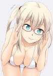 alternate_costume aqua_eyes bikini blonde_hair blush breasts closed_mouth commentary_request eyebrows_visible_through_hair fuuma_nagi glasses graf_zeppelin_(kantai_collection) grey_background hair_between_eyes kantai_collection large_breasts long_hair looking_at_viewer side_ponytail simple_background smile solo swimsuit 