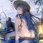  anmi bare_legs barefoot beads bird black_hair breasts brown_eyes chinese_clothes day expressionless frills hair_beads hair_ornament hand_up hat lantern leg_up legs long_hair looking_to_the_side no_bra oar open_clothes open_shirt original outdoors raft river shirt sitting sky small_breasts soaking_feet solo straw_hat thigh_strap thighs water yellow_eyes 