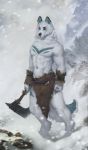  2018 5_fingers anthro black_lips black_nose blue_eyes canine clothed clothing detailed_background digitigrade fur holding_object holding_weapon male mammal navel raventenebris snow solo topless weapon white_fur wolf 