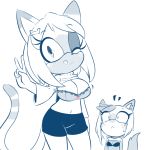  bra breasts cat cleavage clothed clothing duo emyko_the_cat eyelashes fan_character feline female hair hearlesssoul long_hair mammal meiko_the_cat midriff navel one_eye_closed raised_shirt shorts simple_background sonic_(series) tongue tongue_out underwear v_sign white_background 