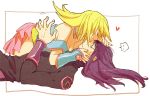  1girl bare_shoulders blonde_hair breasts cleavage closed_mouth commentary_request dark_magician dark_magician_girl detached_sleeves duel_monster forehead_kiss kiss long_hair white_background yuu-gi-ou yuu-gi-ou_duel_monsters yuza 