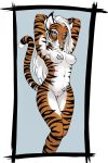  2018 anthro blue_eyes breasts feline female foxmode hair hybrid looking_at_viewer lynx mammal nipples nude pussy raised_arm solo standing thigh_gap tiger white_hair 
