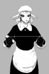  2018 black_and_white boss_lamb_(hladilnik) caprine clothed clothing female garrote gloves grey_background hladilnik looking_at_viewer maid_uniform mammal monochrome sheep simple_background solo uniform 