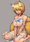  animal_humanoid areola big_breasts blonde_hair blush breasts canine chanta cleavage clothed clothing female fox_humanoid hair humanoid inner_ear_fluff mammal mostly_nude multi_tail open_mouth ran_yakumo short_hair sitting slit_pupils solo sweat teeth torn_clothing touhou yellow_eyes 