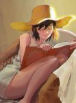  bangs book closed_eyes closed_mouth commentary day dress facing_viewer hair_between_eyes hat knees_up on_chair open_book original roogi_tz sitting sleeveless sleeveless_dress solo straw_hat sunlight white_dress yellow_hat 