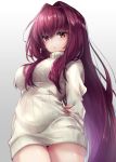  :o arm_behind_back bangs blush breasts closed_mouth commentary_request eyebrows_visible_through_hair fate/grand_order fate_(series) fingernails gradient gradient_background grey_background hair_between_eyes hair_intakes hane_yuki highres large_breasts long_hair looking_at_viewer purple_hair red_eyes ribbed_sweater scathach_(fate)_(all) scathach_(fate/grand_order) sidelocks solo sweater turtleneck turtleneck_sweater very_long_hair white_background white_sweater 