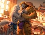  anthro bulge canine clothing collar duo feline inside jockstrap leash male male/male mammal muscular muscular_male open_mouth saber-toothed_cat smile standing takahirosi underwear 