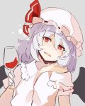  alcohol bad_id bad_twitter_id bangs bare_shoulders bat_wings blush collarbone commentary_request cup dress drinking_glass eyebrows_visible_through_hair frilled_shirt_collar frills grey_background hair_between_eyes hand_up hat hat_ribbon head_tilt highres holding holding_cup looking_at_viewer mob_cap off_shoulder open_mouth puffy_short_sleeves puffy_sleeves red_eyes red_ribbon remilia_scarlet ribbon rin_falcon short_hair short_sleeves silver_hair simple_background sketch smile solo touhou upper_body white_dress white_hat wine wine_glass wings 