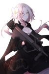  assault_rifle bangs black_dress breasts bullpup cleavage closed_mouth collarbone commentary_request cowboy_shot dress expressionless floating_hair flower girls_frontline gloves gun hair_between_eyes hair_flower hair_ornament hair_ribbon highres holding holding_gun holding_weapon jacket light_particles long_hair looking_at_viewer low_ponytail mole mole_under_eye orange_eyes ponytail qb_516 ribbon rifle sidelocks simple_background solo steyr_aug steyr_aug_(girls_frontline) trigger_discipline vertical_foregrip weapon white_background 