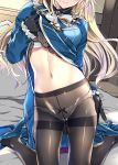  ascot atago_(kantai_collection) bangs beret black_gloves black_legwear blonde_hair blue_footwear blue_jacket blush bra bra_peek breasts clothes_lift commentary_request crotch_seam eyebrows_visible_through_hair eyes_visible_through_hair frilled_sleeves frills gloves hair_between_eyes hand_on_hip hat high_heels highres indoors jacket jacket_lift kantai_collection kneeling kobayashi_chisato large_breasts lifted_by_self long_hair long_skirt looking_at_viewer military military_uniform navel no_pants on_bed open_clothes open_skirt panties panties_under_pantyhose pantyhose ribbon-trimmed_panties rudder_shoes sidelocks skirt skirt_removed smile solo stomach thighband_pantyhose underwear uniform white_bra white_panties 