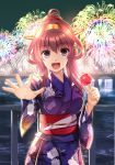  :d ahoge alternate_costume alternate_hairstyle breasts bridge brown_hair double_bun eyebrows_visible_through_hair fireworks headgear highres holding_candy japanese_clothes kantai_collection kimono kongou_(kantai_collection) large_breasts long_hair looking_at_viewer miyazaki_yukichi night open_mouth outstretched_arm ponytail purple_eyes purple_kimono remodel_(kantai_collection) smile solo summer yukata 