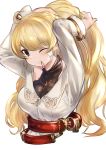  absurdres ahoge alternate_costume alternate_hairstyle arms_behind_head arms_up bandaid bandaid_on_face belt blonde_hair blush breasts brown_eyes collarbone commentary_request cygames granblue_fantasy highres long_hair long_sleeves looking_at_viewer maou_(maoudaisukiya) monica_weisswind mouth_hold one_eye_closed simple_background solo upper_body white_background 