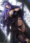  adapted_costume artist_name black_legwear breasts camilla_(fire_emblem_if) capelet fire_emblem fire_emblem_if garter_straps gloves hair_over_one_eye hand_in_hair holding holding_weapon lace lace-trimmed_thighhighs large_breasts limgae lips long_hair navel panties parted_lips patreon_username purple_gloves purple_hair sidelocks solo stomach strap thighhighs tiara underwear very_long_hair watermark wavy_hair weapon web_address window 