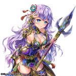  blue_eyes blush bracer breasts cleavage company_name esphy fantasy flower hair_flower hair_ornament hand_up holding_polearm large_breasts long_hair looking_at_viewer official_art polearm purple_hair sangoku_infinity side_cutout simple_background solo thighhighs trident weapon white_background 
