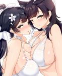  alternate_costume animal_ears asymmetrical_docking atago_(azur_lane) azur_lane bangs black_hair blush bow breast_press breasts brown_eyes cleavage closed_mouth commentary_request extra_ears eyebrows_visible_through_hair hair_bow hair_flaps hair_ribbon large_breasts long_hair looking_at_viewer mole mole_under_eye multiple_girls natsu_(nattiyann) open_mouth ponytail ribbon simple_background smile swept_bangs swimsuit takao_(azur_lane) tareme tsurime upper_body very_long_hair white_background white_bow white_ribbon 