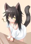  ? animal_ears arm_support bangs bare_shoulders black_hair blush cat_ears cat_girl cat_tail closed_mouth collarbone commentary_request eyebrows_visible_through_hair flat_chest hair_between_eyes highres kyabe_tsuka leaning_forward long_hair looking_at_viewer naked_shirt off_shoulder original oversized_clothes oversized_shirt shirt short_sleeves solo standing tail tail_raised white_shirt yellow_eyes 